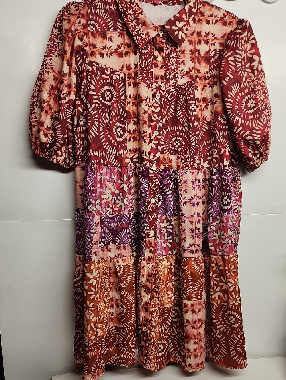 Flying Tomato Burgundy Pink Purple & Orange Patchwork Midi Dress Sz L Gardencore
